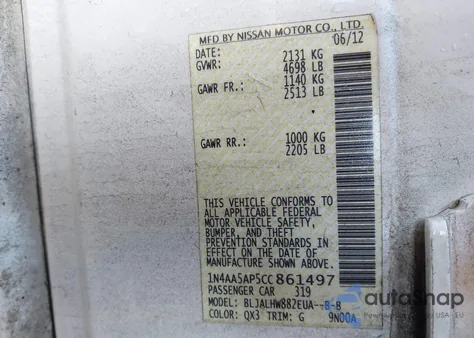 2012 Nissan Maxima 3.5 Sv z USA, uszkodzony, nr VIN 1N4AA5AP5CC861497